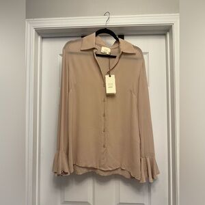 Dixie DX Collection Camel Beige Long Sleeve Button Down Ruffle Sleeve Size S